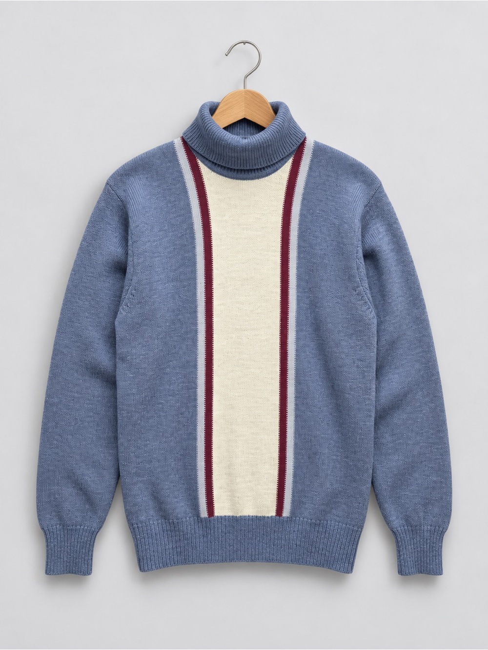 VTG French Men's Light Blue Turtleneck Sweater with Cream Center Panel